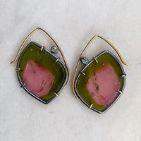 Watermelon Tourmaline Earrings with Diamond and Spinel